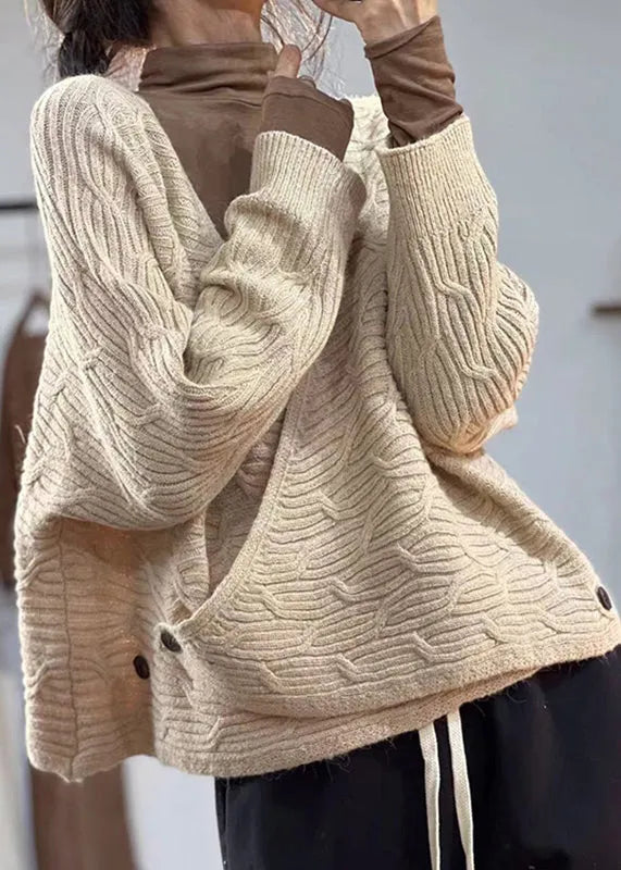 Coffee V Neck Button Cotton Knit Coats Fall
