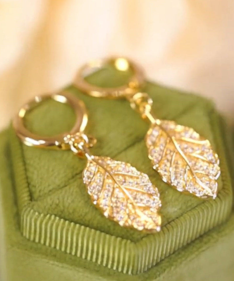 Modern Gold Copper Overgild Zircon Leaf Drop Earrings