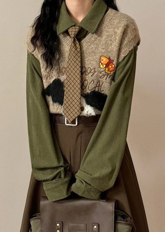 Coffee Animal Letter Knit Vest V Neck Sleeveless