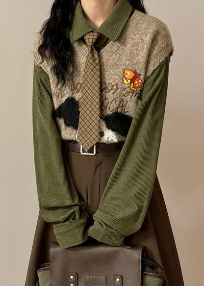 Coffee Animal Letter Knit Vest V Neck Sleeveless