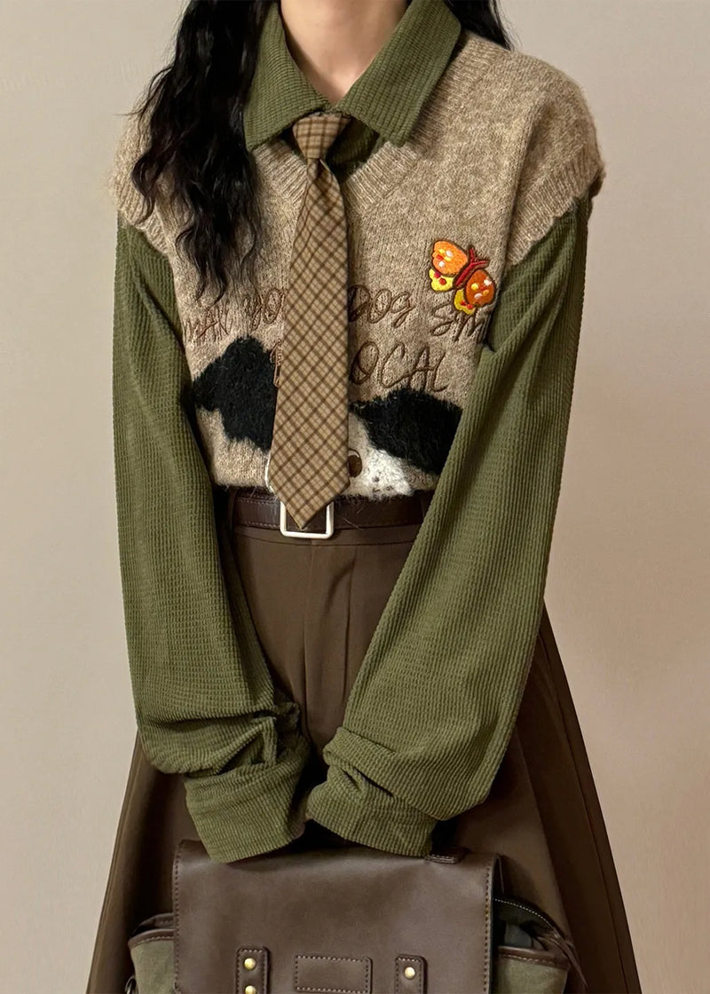 Coffee Animal Letter Knit Vest V Neck Sleeveless
