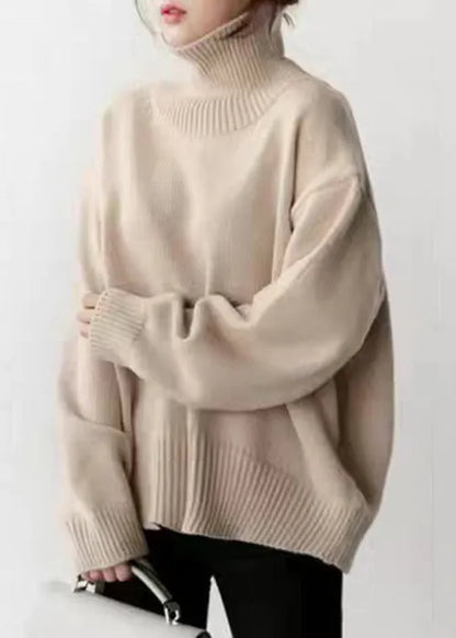 Simple Beige Turtleneck Knitted Cotton Sweaters Winter