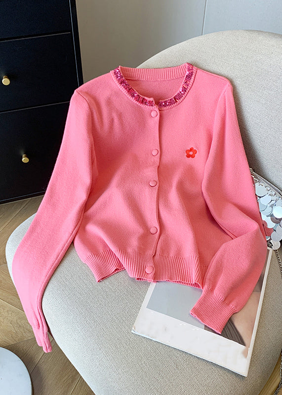 Pink Embroidered Sequins Cotton Knit Cardigans Fall