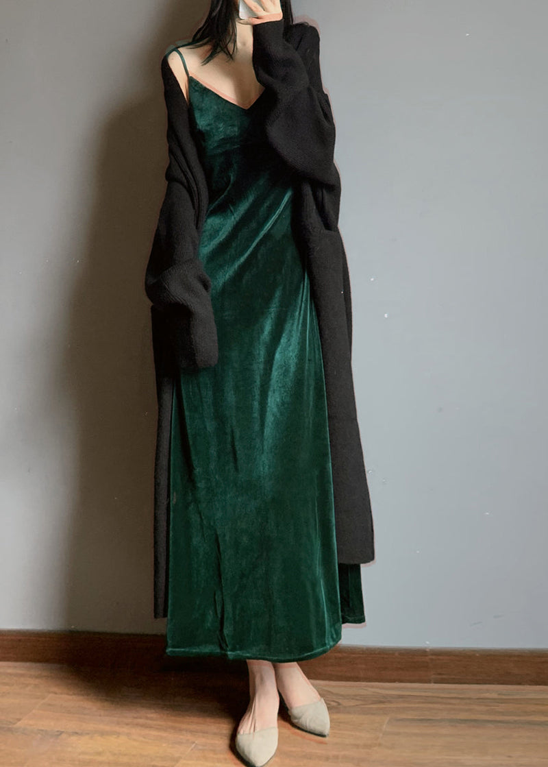Green V Neck Velvet Spaghetti Strap Dress Fall