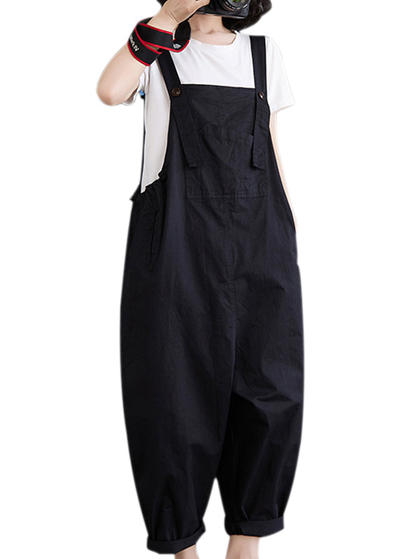 Black Slash Neck Drawstring Button Pockets Jumpsuit Fall