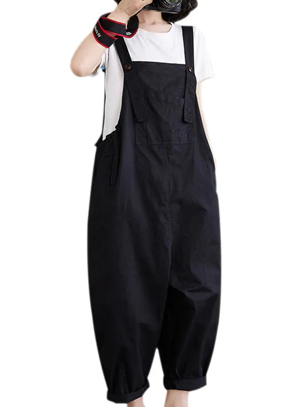 Black Slash Neck Drawstring Button Pockets Jumpsuit Fall