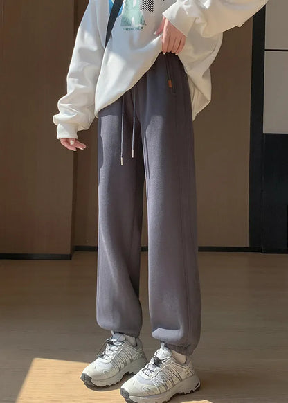 Light Grey Pockets Elastic Waist Warm Fleece Beam Pants Winter