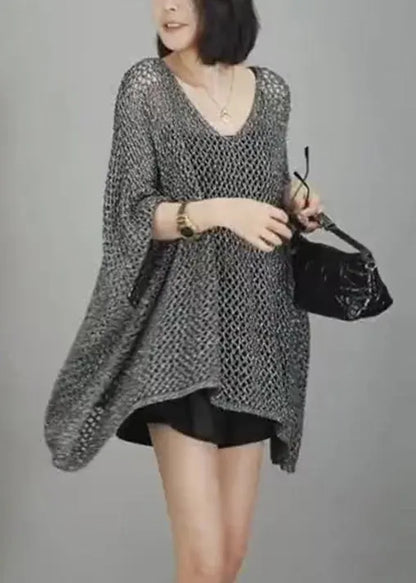 Simple Grey V Neck Hollow Out Knit T Shirts Batwing Sleeve