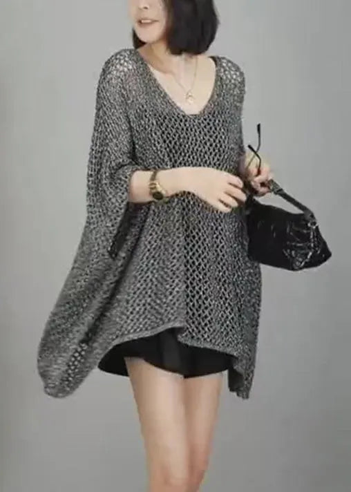 Simple Grey V Neck Hollow Out Knit T Shirts Batwing Sleeve