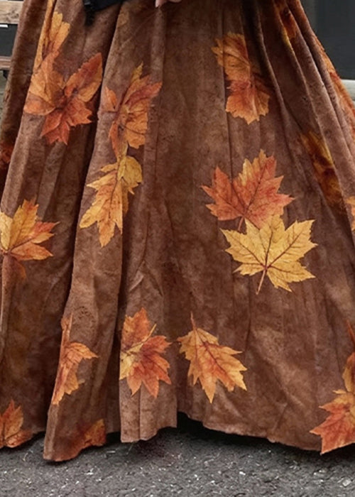 Coffee Leaves Print High Waist Cotton Skirt Fall