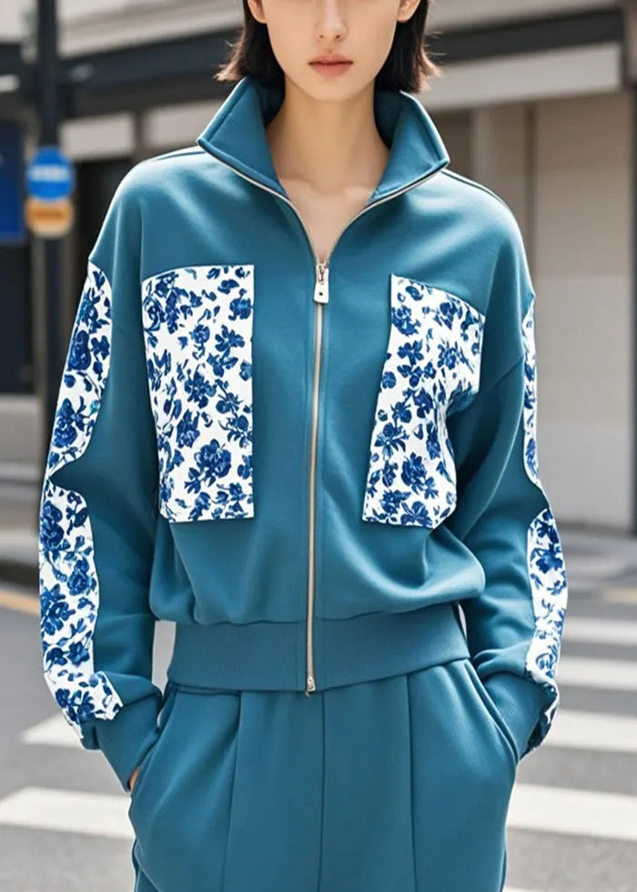 Navy Print Patchwork Cotton Jacket Fall