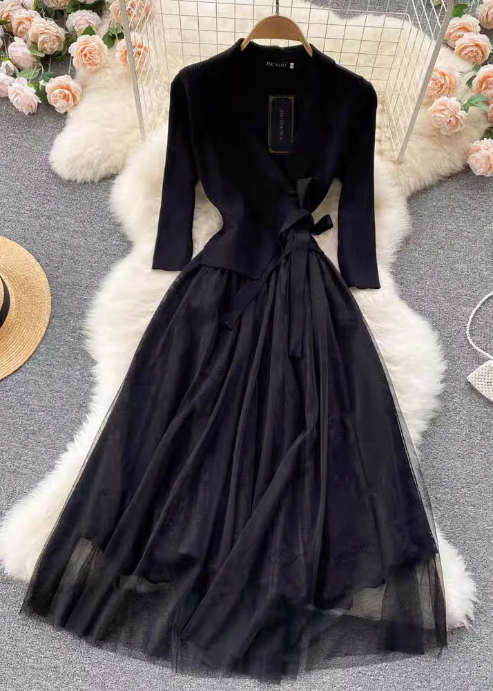 Camel Lace Up Tulle Patchwork Knit Dresses Fall