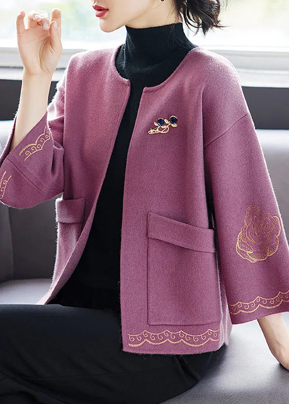 Purple O Neck Print Pockets Patchwork Wool Cardigan Fall