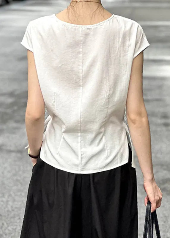 White Patchwork Button T Shirt Short Sleeve