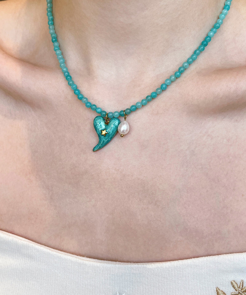 Blue Alloy Love Pearl Cat's Eye Stone Beading Pendant Necklace Two-piece Set