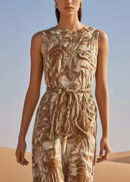 Khaki Cinched Print Cotton Jumpsuits Summer