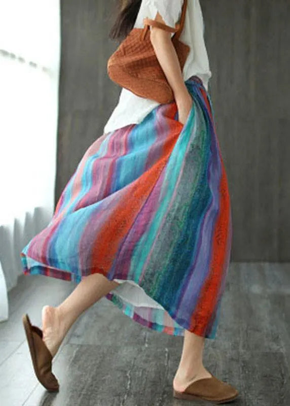 Style Red Flower Patchwork a Line Skirts Ramie