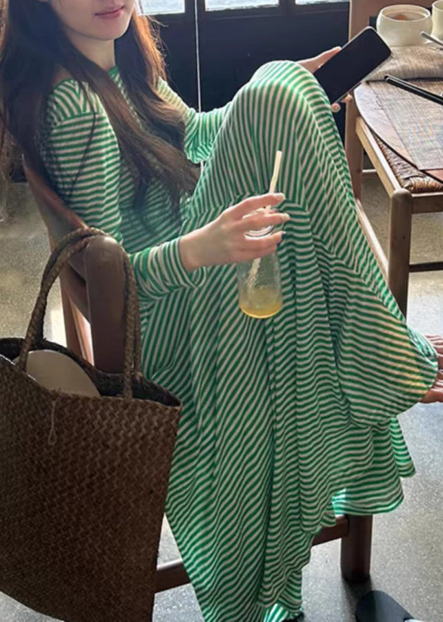 Green Striped Backless Cotton T Shirt Dress Long Sleeve