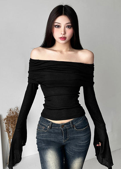 Slim Fit Black Slash Neck Tulle Tops Long Sleeve