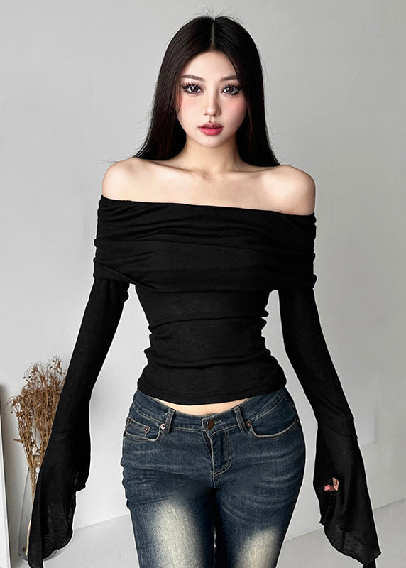 Slim Fit Black Slash Neck Tulle Tops Long Sleeve