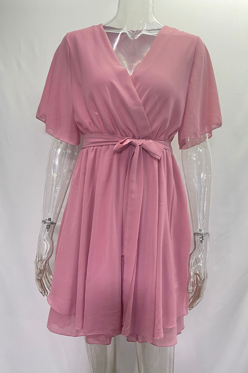 Color Lace Up Ruffle V Neck a Line Dresses(3 Colors)