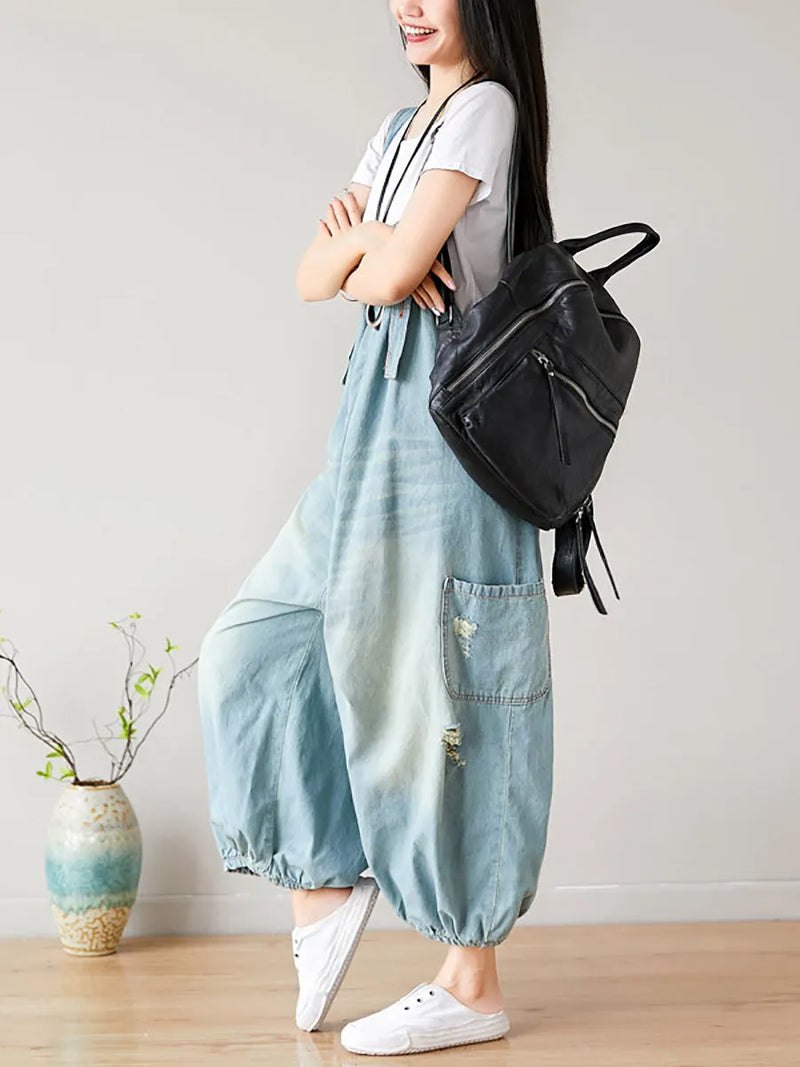 Summer Retro Frayed Washed Denim Jumpsuits