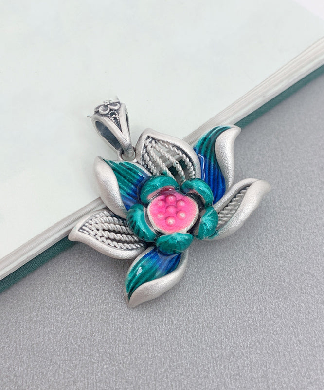 Diy Green Sterling Silver Cloisonne Lotus Hollow Out Pendant Necklace