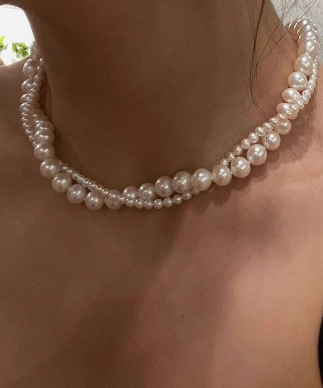 White Alloy Double-layer Pearl Gratuated Bead Necklace