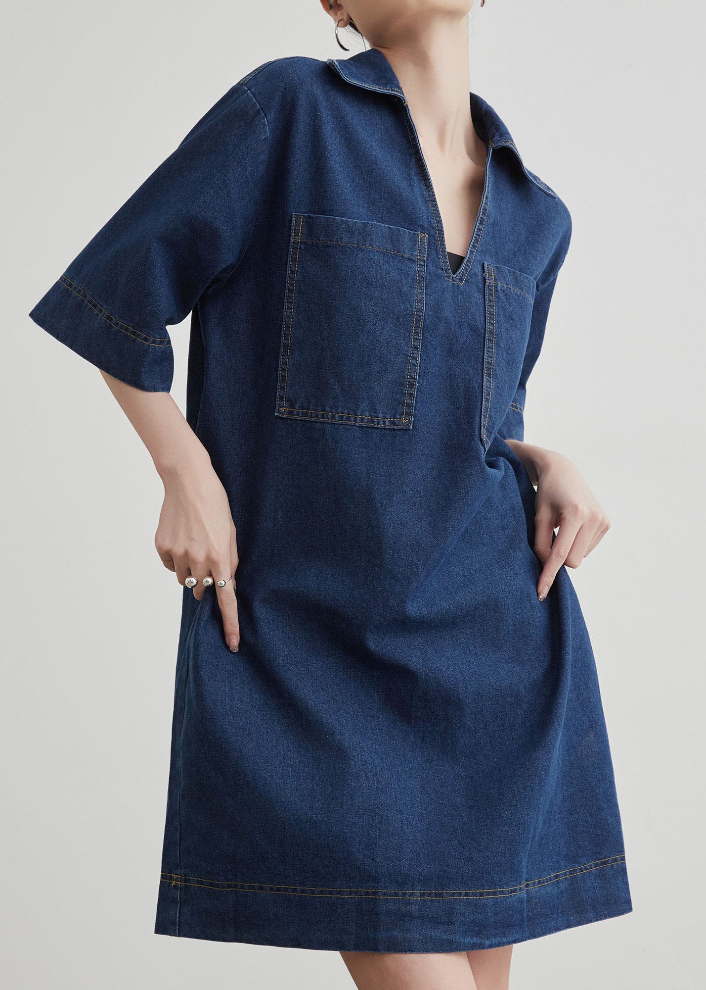 Blue Peter Pan Collar Pockets Denim T Shirt Dresses Summer