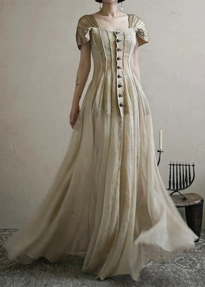 Square Collar Button Long Dress Summer