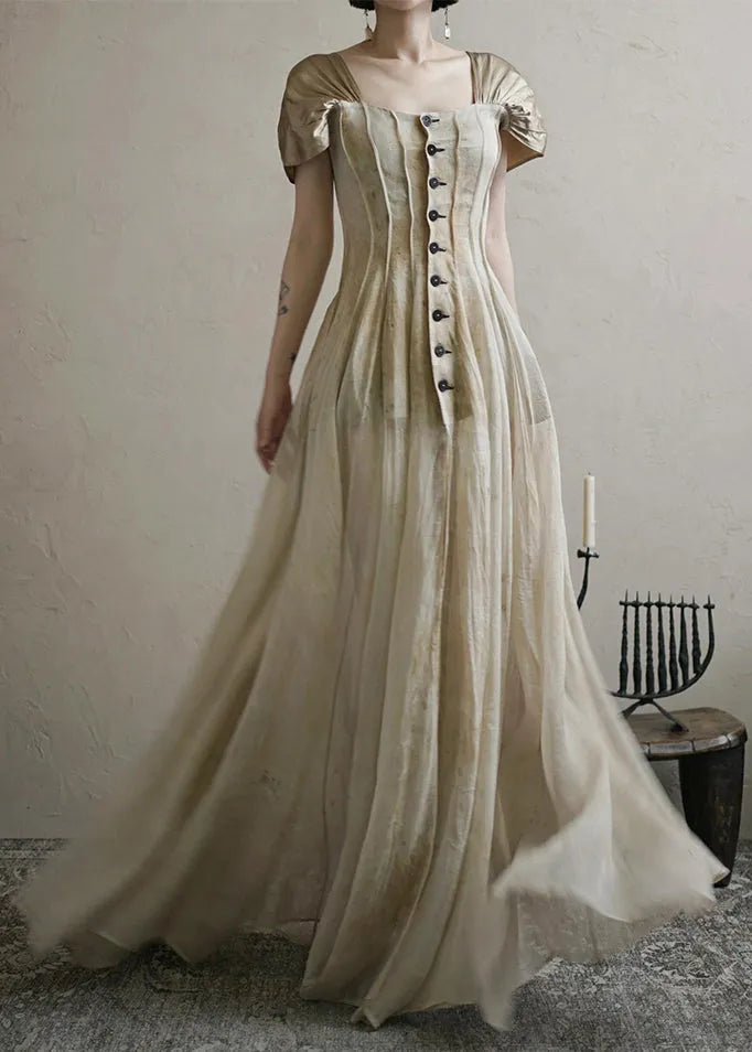 Square Collar Button Long Dress Summer