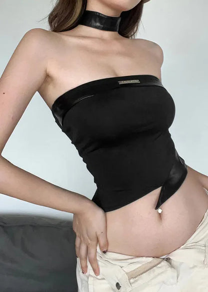 Boutique Black Asymmetrical Faux Leather Patchwor Backless Top Summer