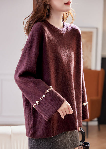 Stylish Purple O-neck Cozy Thick Cotton Knit Sweater Batwing Sleeve
