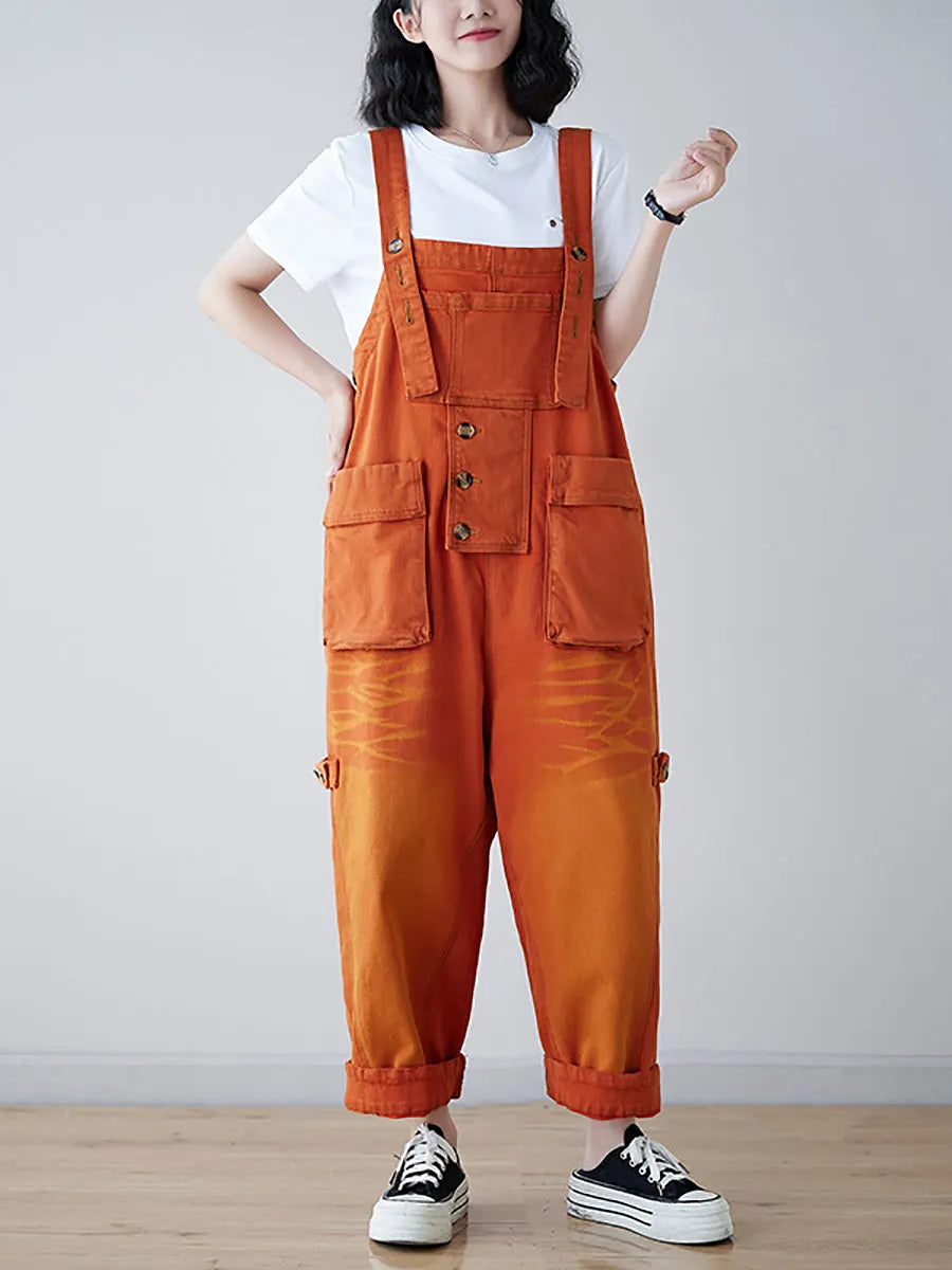 Spliced Washed Denim Loose Jumpsuits