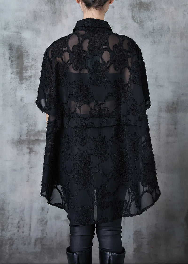 Black Oversized Tasseled Chiffon Top Summer