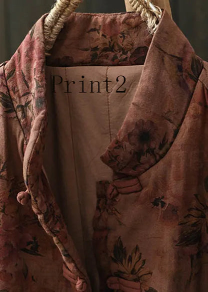 Stand Collar Print Oriental Button Fine Cotton Filled Coat Spring