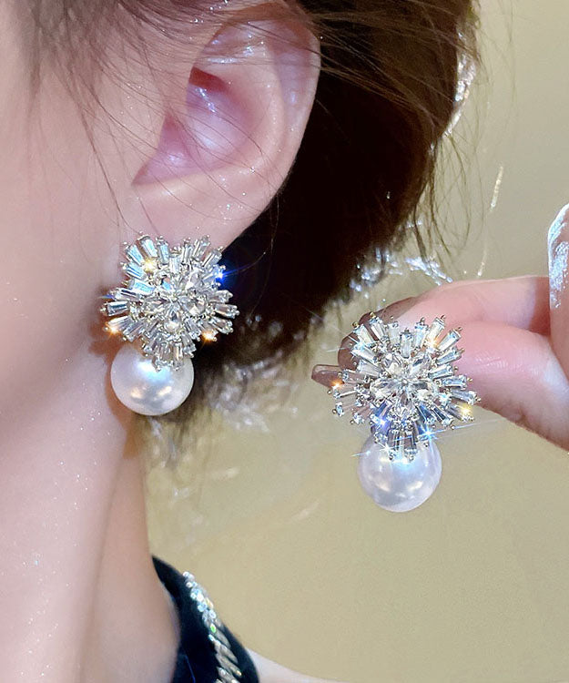 Stylish White Alloy Pearl Zircon Stud Earrings