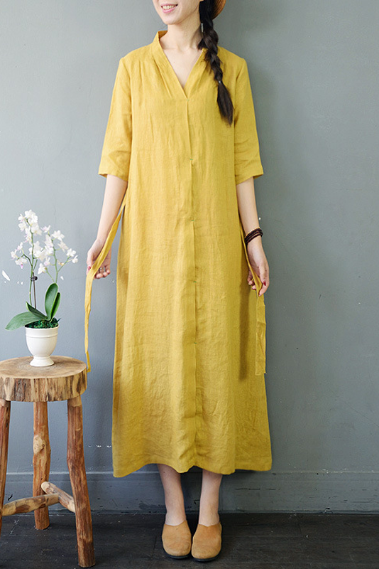 Summer Retro Linen Long Dress Loose 3/4 Sleeve Dress