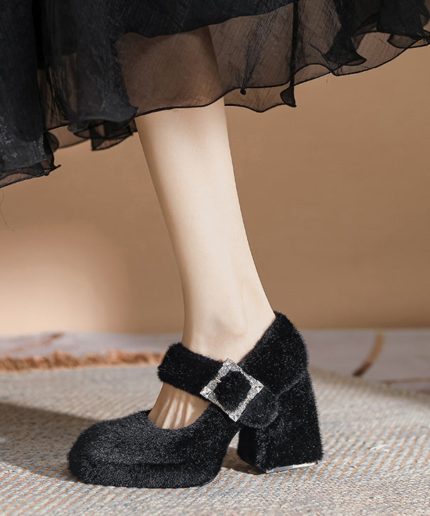 Buckle Strap Splicing Chunky High Heels Apricot Rabbit Wool