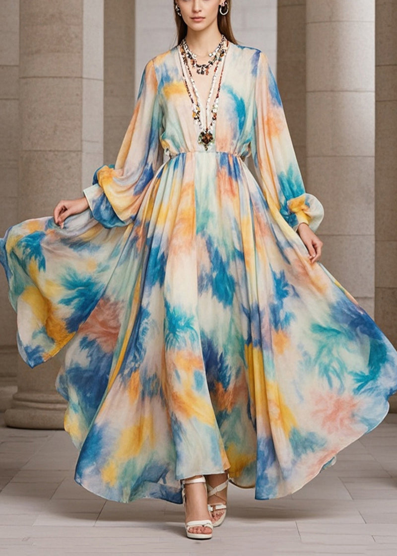 Beige Tie Dye Exra Large Hem Chiffon Maxi Dress Fall
