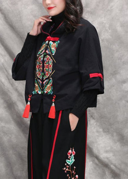 Black Peter Pan Collar Embroidered Coats Long Sleeve