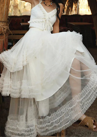 White Elastic Waist Tulle Summer Maxi Skirts Ruffled