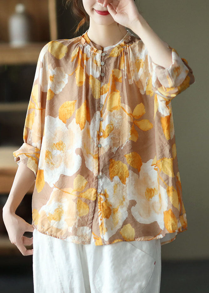 Pink Stand Collar Print Patchwork Cotton Shirt Tops Long Sleeve