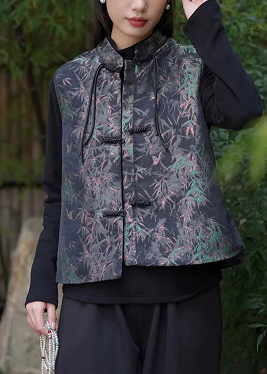 New Retro Black Tasseled Jacquard Fine Cotton Filled Vest Sleeveless