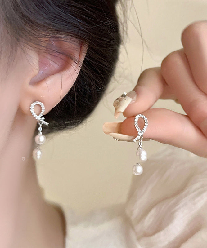 Simple Silk Sterling Silver Zircon Pearl Tassel Drop Earrings