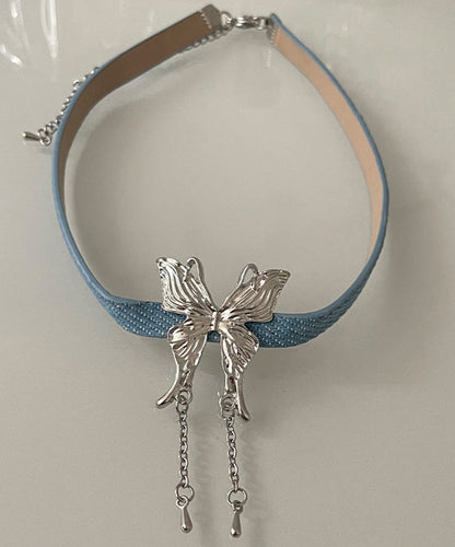 Blue Alloy Leather Rope Butterfly Tassel Pendant Necklace