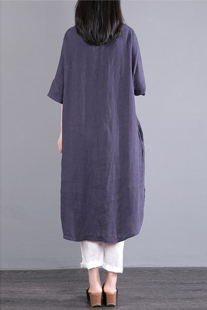 -summer Short-sleeved Long Shirt Color Cotton Linen Dress