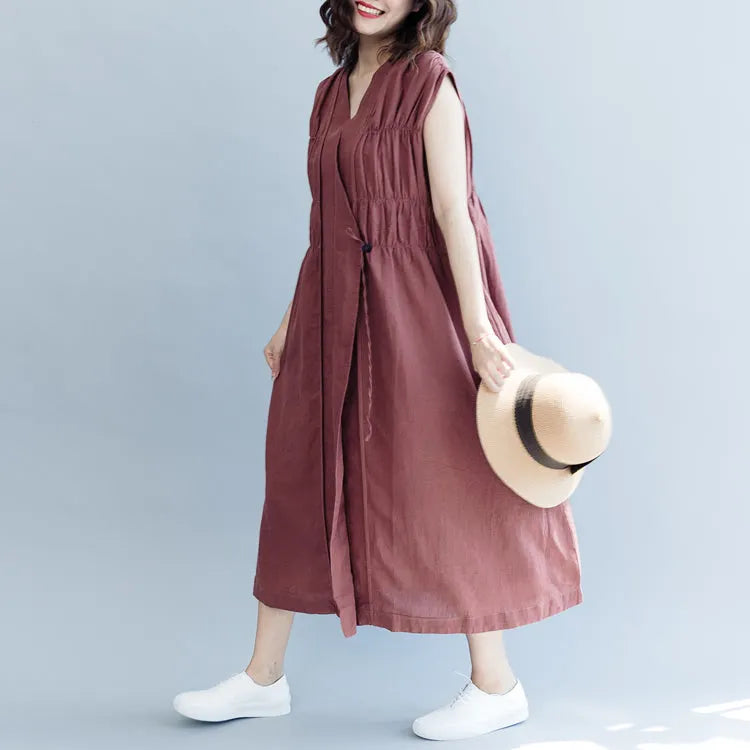 Khaki Cotton Linen Dresses Loose Fitting Cotton Linen Clothing Dress New Sleeveless Cinched V Neck Baggy Dresses