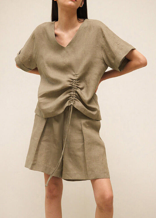 Loose Brown V Neck Drawstring Linen T Shirts Summer