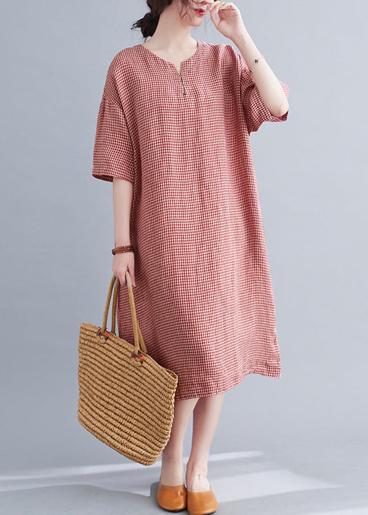Red Oversized Plaid Linen a Line Dresses Summer
